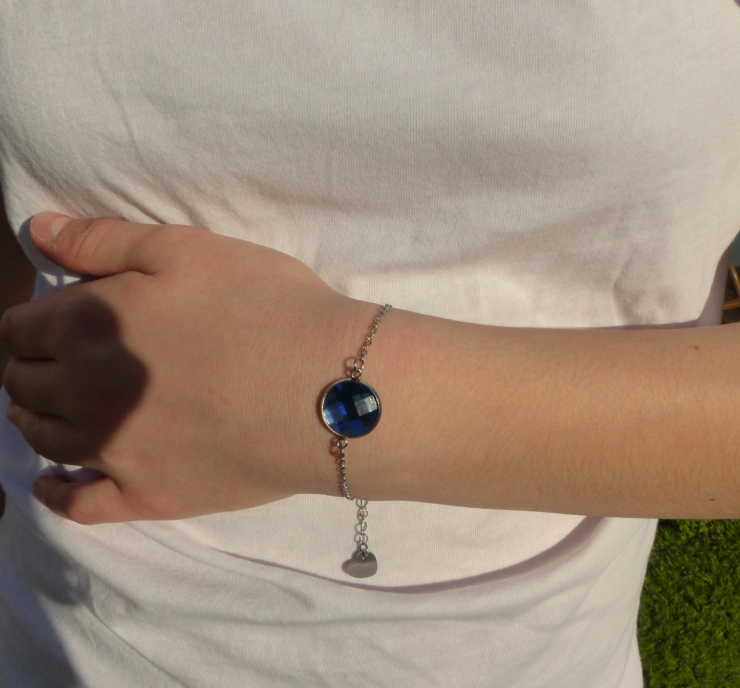 Bracelet en acier inoxydable argenté avec un cabochon de 14mm bleu