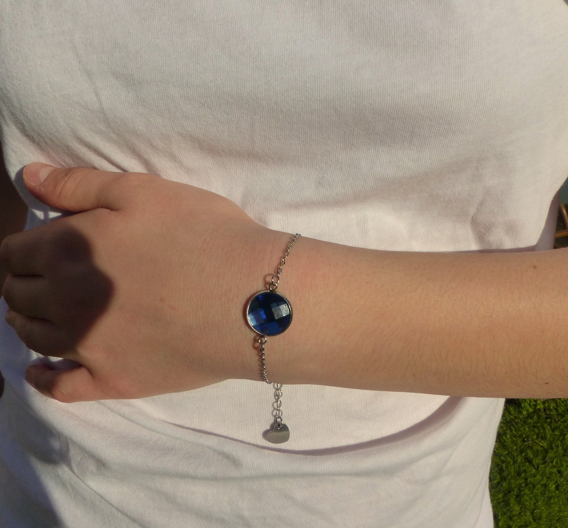 Bracelet en acier inoxydable argenté avec un cabochon de 14mm bleu