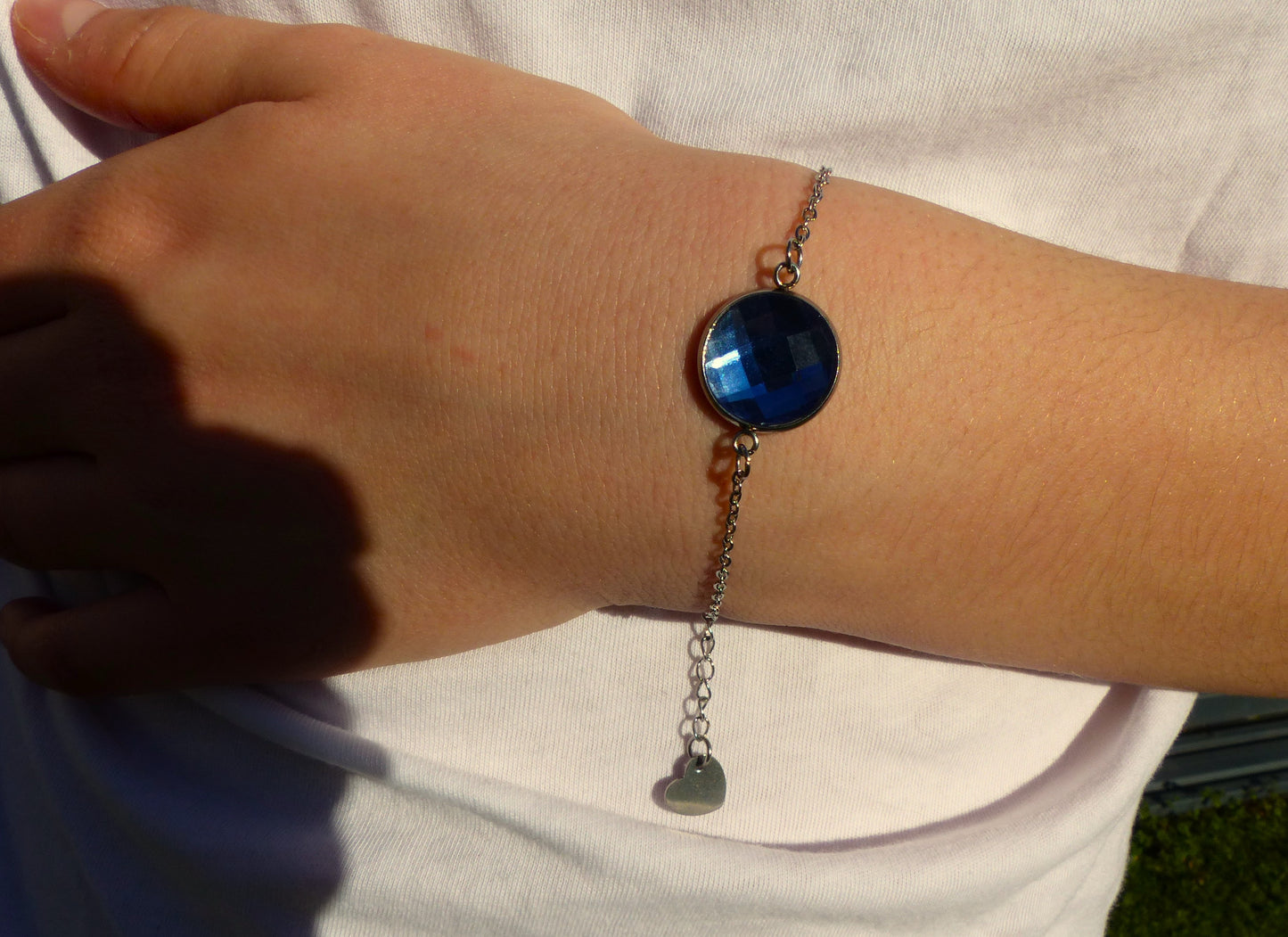 Bracelet en acier inoxydable argenté avec un cabochon de 14mm bleu