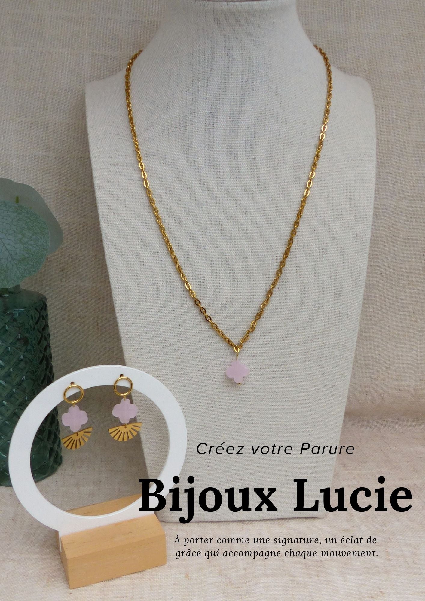 Parure collier, boucles en acier inoxydable avec trefle rose claire fait à la main en france par sp lelegante