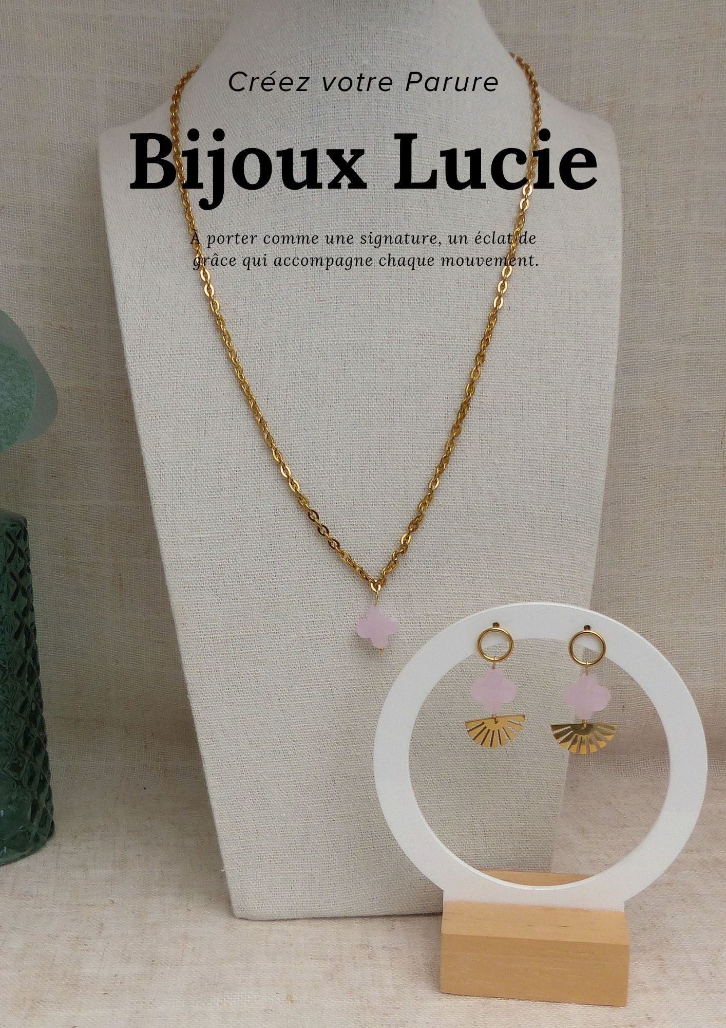 Parure collier, boucles en acier inoxydable avec trefle rose claire fait à la main en france par sp lelegante