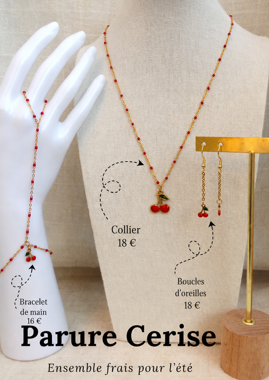 Parure chic en rouge pour l'été bracelet de main, collier et boucles d'oreille cerise fait main par sp lelegante